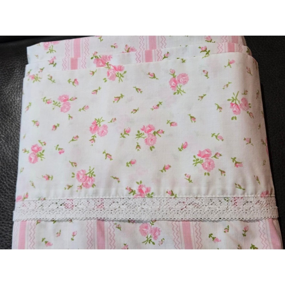 Vintage Full Fitted Sheet - pink flowers, green stems, white background